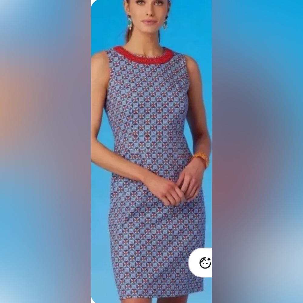 NicoBlu Coralie Shift Dress Sz 4 Geometric Geometric Print Red Beaded Collar